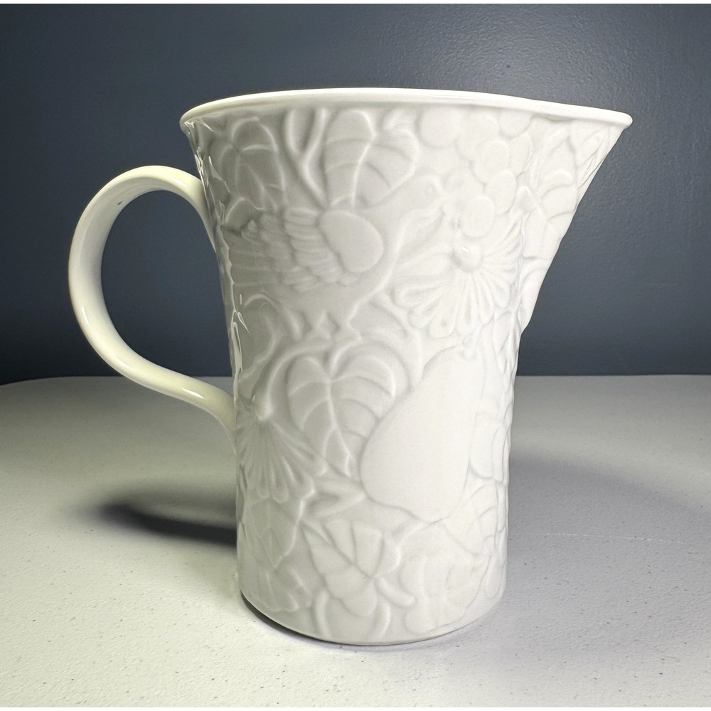 Vintage Pacific Rim Pottery White‎ Pitcher w/Embossed Forest Scene & Bird 6.75"